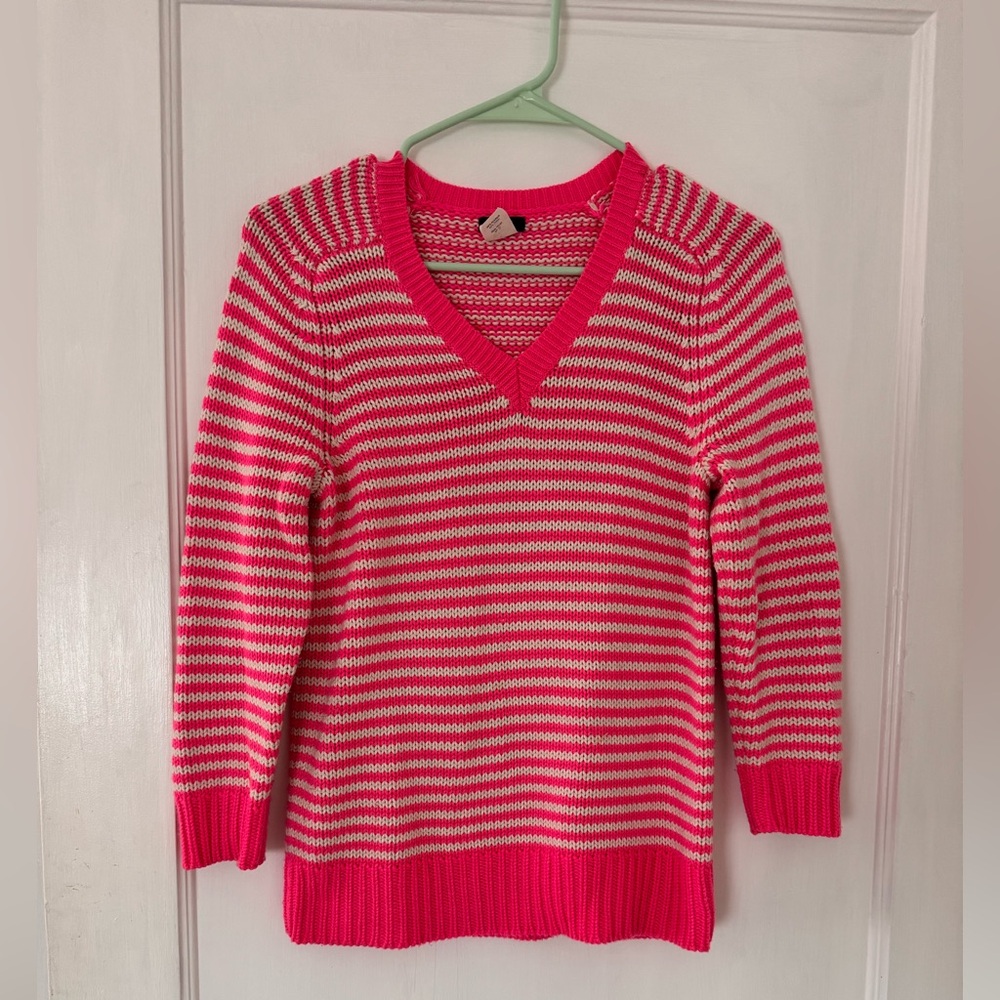 J. Crew Pink and White Striped V-Neck Sweater